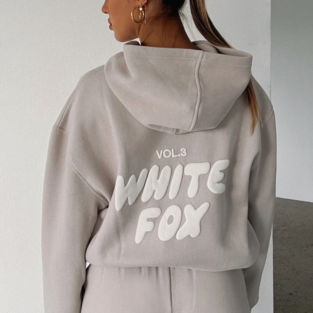 Beige White Fox Hoodie With White Writing, Size S/M